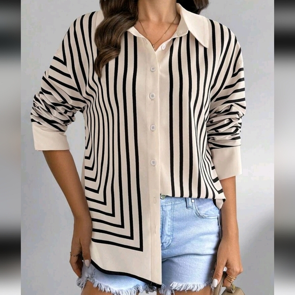 Women's Casual Stripe Patchwork Pleated Shirt, Autumn - Picture 1 of 5